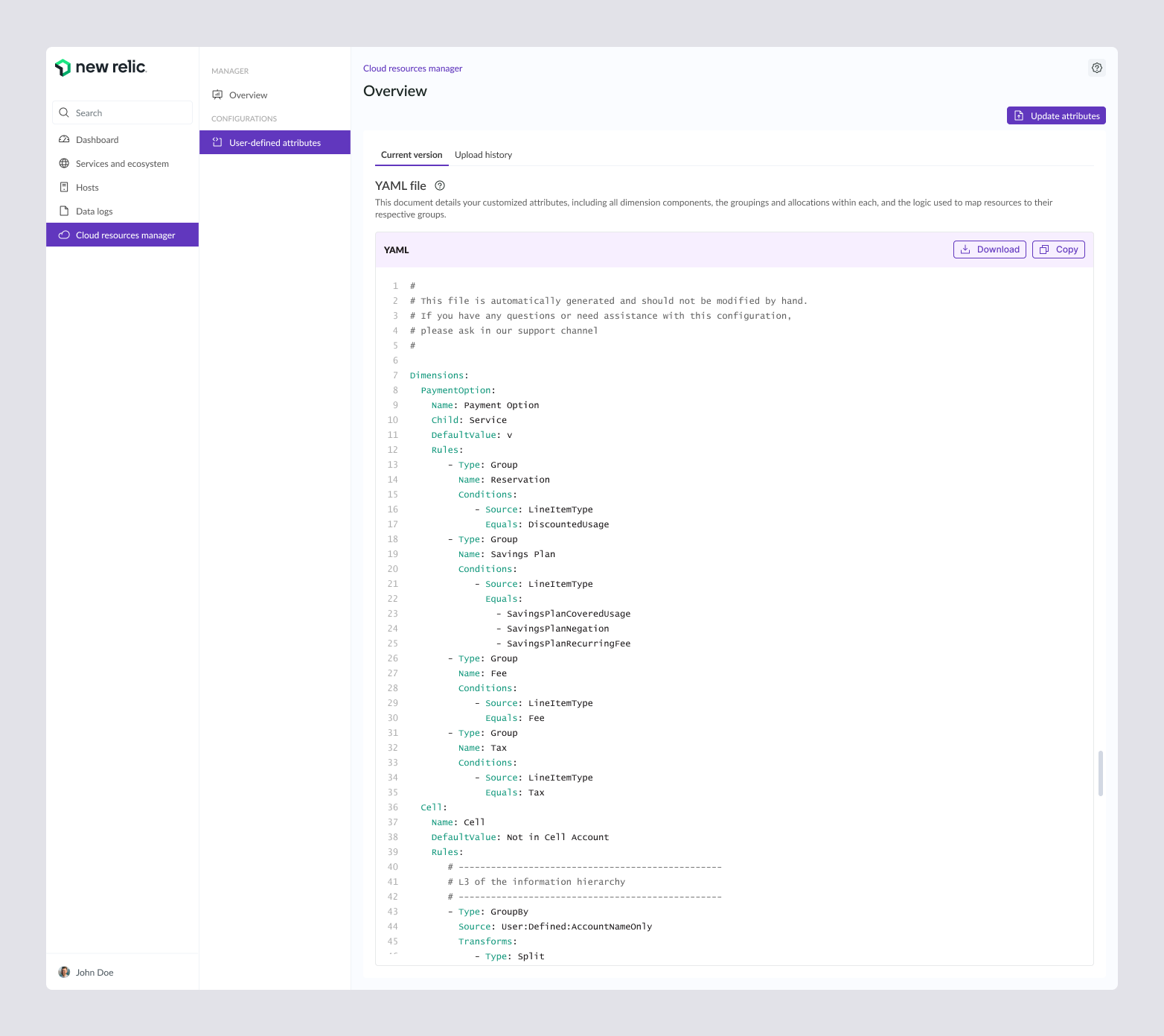 Custom dimensions interface where teams manage grouping logic as a versioned YAML file