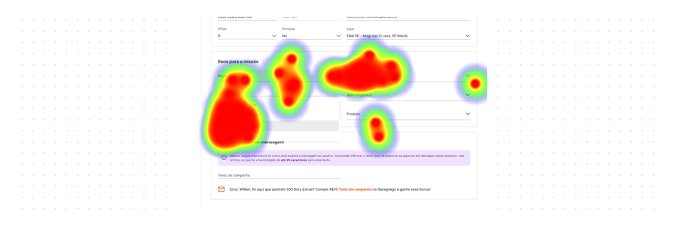 Usability test — heatmap showing click concentration on the campaign-setup screen