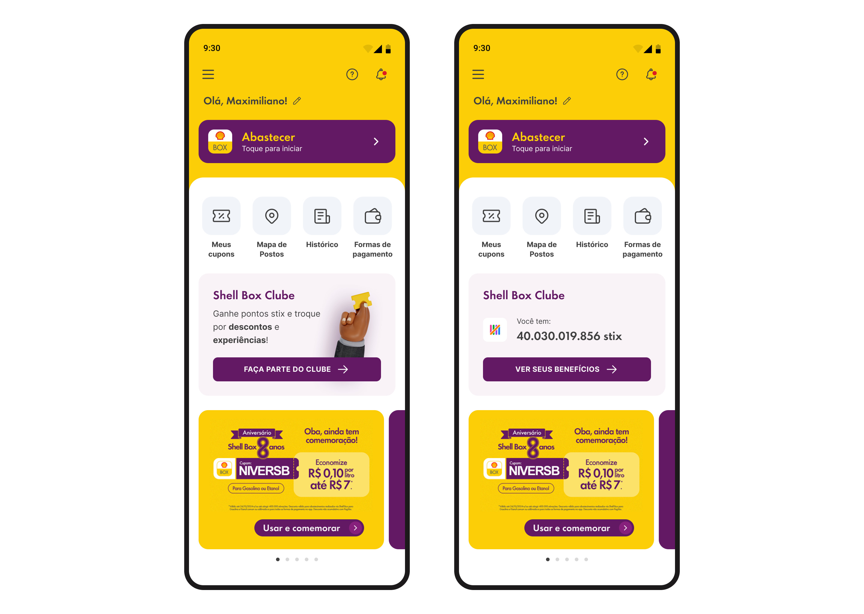 High-fidelity Shell Box home screen showing the final design: dominant fueling CTA at top, secondary icon grid, contextual Clube card adaptive to membership status, and dynamic promotions area