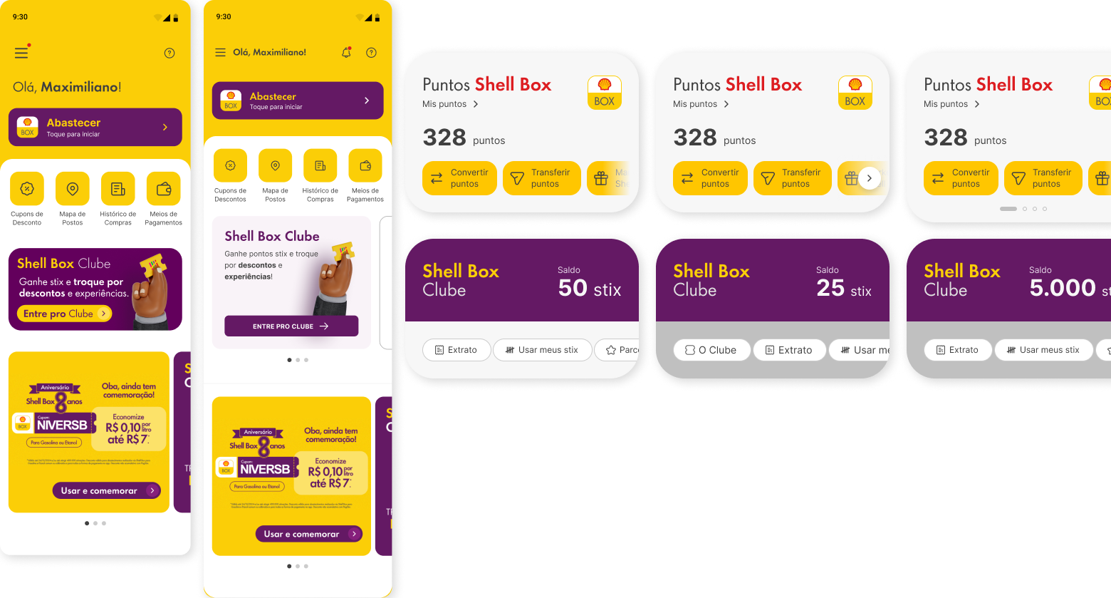 Grid of visual exploration iterations for the Shell Box home screen, showing different module arrangements and hierarchy approaches across several rounds